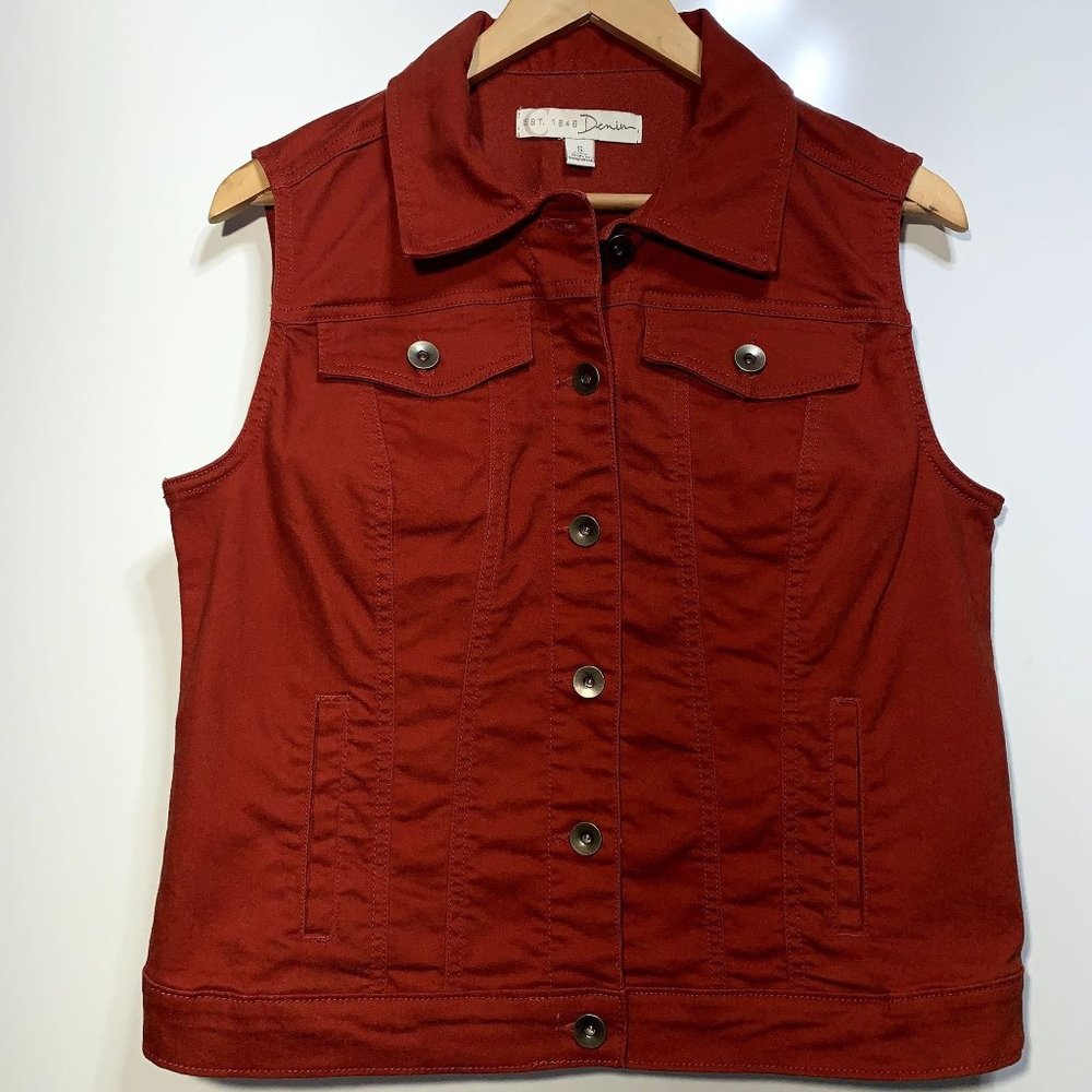C Est 1946 Women's Denim Rust Orange Vest Size S Pumpkin Spice Fall Stretch